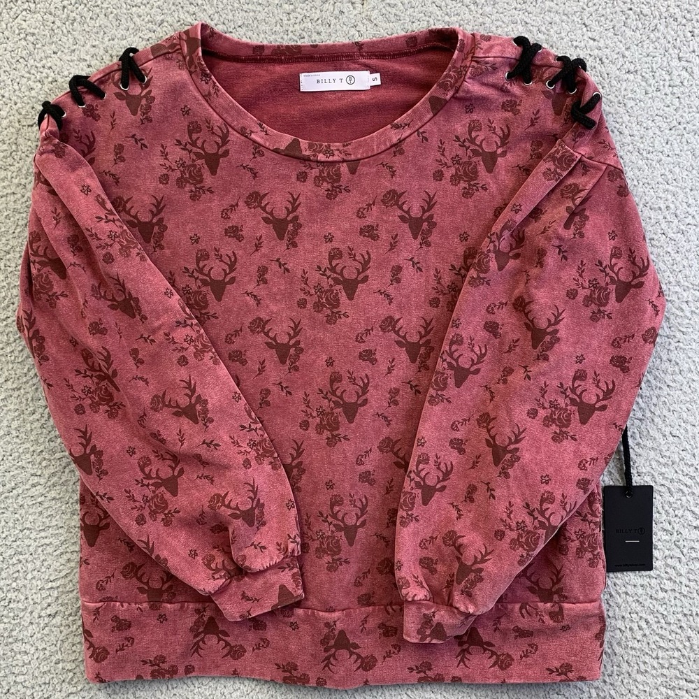 Billy T Womens My Deer Sweatshirt Sz Small Super Soft Tie Shoulers Garnet Burgun